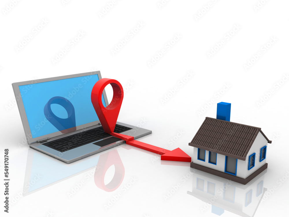 Poster 3d illustration search for property. a map with large red gps pointer containing
