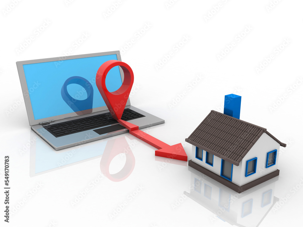 Aufkleber 3d illustration search for property. a map with large red gps pointer containing