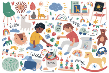 Toddler children playing with scandi toys, boho nursery interior collection, hand drawn set of eco toys, doodle icons of rocking horse, lions, vector illustration of playroom decor, colored clipart