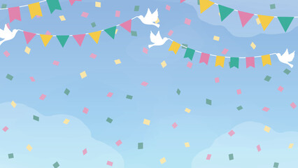 ガーランドを咥えた鳥たちが青空に飛んでいるお祝いのイメージ背景イラスト