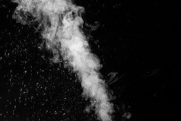 A jet of hot steam with splashes. The movement of hot steam with water droplets is highlighted on a...