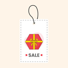 Top View Of Red Hexagon Gift Box With Sale Tag On Beige Background.