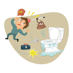  Cartoon character poop ready holding a toilet plunger chasing handyman, illustrator vector cartoon drawing