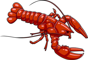 Cartoon Red Lobster With Two Claws. Hand Drawn Illustration Isolated On Transparent Background