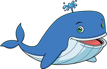 Happy Cute Whale Cartoon Character With Water Fountain. Hand Drawn Illustration Isolated On Transparent Background