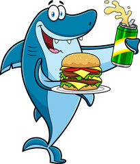Happy Shark Cartoon Character Showing Big Burger And Holding Beer. Hand Drawn Illustration Isolated On Transparent Background