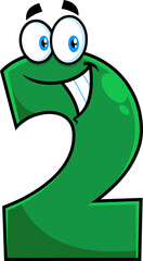 Funny Green Number Two 2 Cartoon Character. Hand Drawn Illustration Isolated On Transparent Background