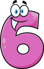 Funny Violet Number Six 6 Cartoon Character. Hand Drawn Illustration Isolated On Transparent Background