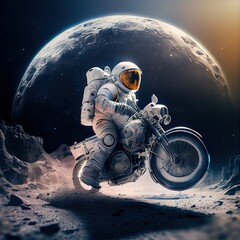 Astronaut riding on the motorcycle at the moon surface. Creative photorealistic illustration generated by Ai