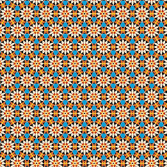 Bright multicolor mosaic geometric botanical pattern with white daisies