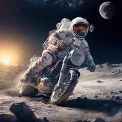 Poster Astronaut riding on the motorcycle at the moon surface. Creative photorealistic illustration generated by Ai © Cheport