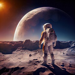 Astronaut stands on the Moon surface and looking on the planet Earth, rear view. Stunning photorealistic illustration generated by Ai - obrazy, fototapety, plakaty