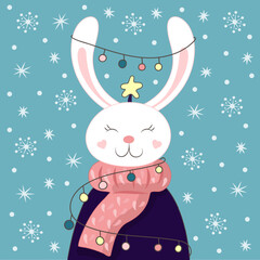 The festive rabbit is decorated with Christmas toys. Happy New Year 2023. Cute wildlife animal bunny. Vector illustration.