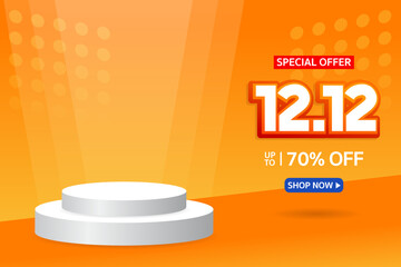 12.12 Shopping day. Special offer Mega sale 70% off with realistic podium. Banner background vector illustration
