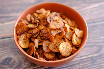 Deep fried sweet plantain chips ready to eat
