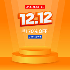 12.12 Shopping day. Special offer Mega sale 70% off with realistic podium. Banner background vector illustration