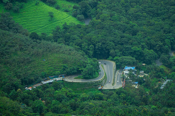 Hill station of India Wayanad where buses and trucks coming through the hair pin curved roads
