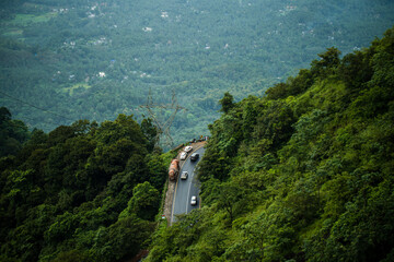Hill station of India Wayanad where buses and trucks coming through the hair pin curved roads