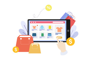 Customer Choose and Buy Fashion Items on Online Ecommerce Marketplace on mobile Screen vector illustration design.