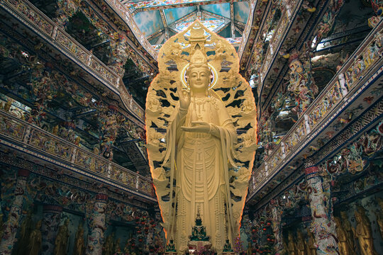 The 17-meter statue of Bodhisattva Avalokitesvara inside the sacred shrine of Linh Phuoc Pagoda Da Lat Vietnam