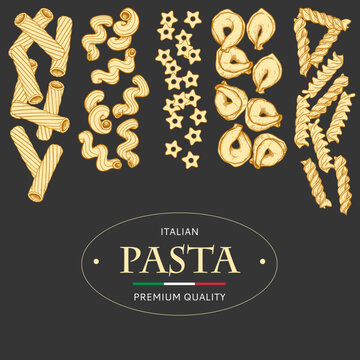 Italian pasta banner design template. Hand drawn sketch style traditional Italian cuisine ingredients. Best for packaging and menu design. Vector illustrations.