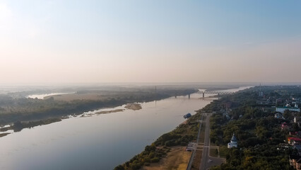 Fototapeta na wymiar Murom, Russia. Oka River, Floodplain. Railway bridge across the Oka River, Aerial View