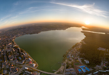 Votkinsk, Russia. Panorama of the city. Votkinsk dam, 1758. Votkinsky pond and plant. Sunset time. Aerial view.