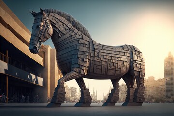 Trojan horse in a city, created with generative AI	 - obrazy, fototapety, plakaty