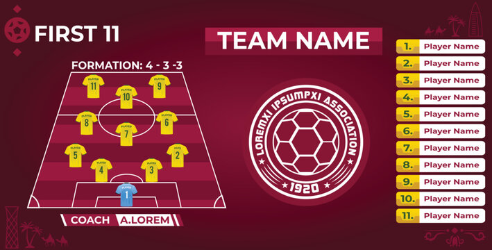 Sample soccer team line up and team formation template with first 11 players