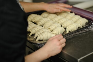 Closeup of hands making croissants in a bakery