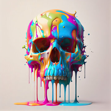 A human skull covered in colorful paint dripping off it. 