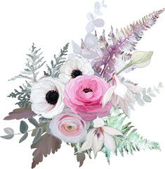 beautiful bouquet with anemones and ranunculus - obrazy, fototapety, plakaty