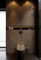 3D visualization of a modern bathroom in dark colors. Modern dark interior