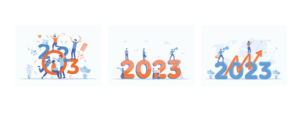 Fototapeta na wymiar Happy New Year 2023 greeting card, Business team seeking new opportunities, Leadership. Vision. Achievement, set flat vector modern illustration