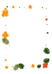 Yellow Leaves Background White Vector. Philodendron Bright Frame. Light Green Foliage. Hawaii Pattern. Orange Graphic Card.