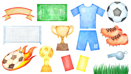 サッカーの水彩風背景透過イラストセット。サッカーボール、サッカーシューズ、ユニフォーム、ゴールドカップ、サッカーネット、イエローカード、レッドカード、サッカーのフィールドなどのかわいいイラスト。 © nagamushi studio