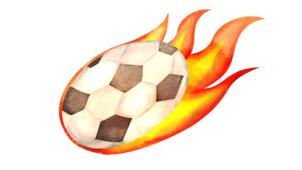 赤い炎で燃えるサッカーボールの水彩風背景透過イラスト © nagamushi studio