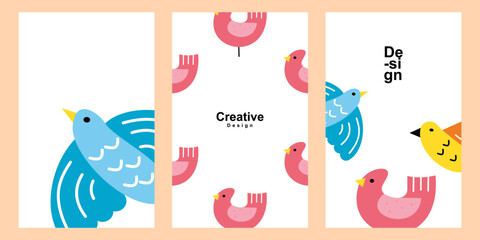 Set of bird illustration for poster template. Cute bird drawing in trendy flat design