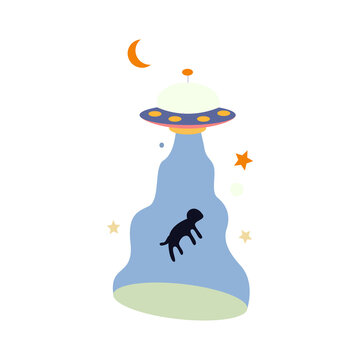 UFO sucks dog with rays from plane. Space ship illustration for children's design