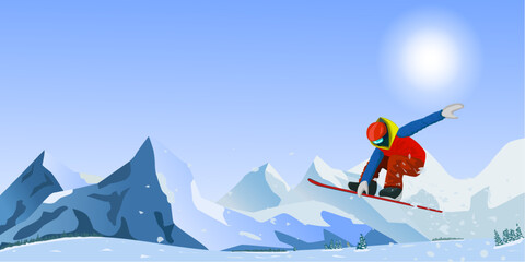 Snowboarding. Vector illustration of a jumping snowboarder in trendy flat style, isolated on snow mountains background