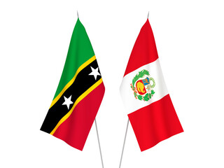 National fabric flags of Peru and Federation of Saint Christopher and Nevis isolated on white background. 3d rendering illustration.