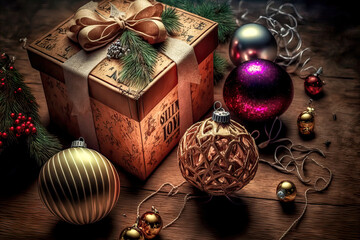 Fototapeta na wymiar Weihnachtsschmuck Geschenke Stillleben Weihnachtskarte Card Dekoration AI Graphic Digital Art Illustration Background Hintergrund Vorlage