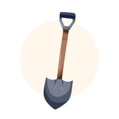 Single shovel for gardening equipment vector illustration drawing. Tools for digging dirt on the ground drawing with cartoon flat art style isolated on white background with yellow circle decortation.