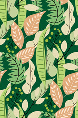 Seamless abstract pattern with leaves, berries of tropical plants on a dark green background. Trendy vertical botanical print in light green, bright pastel pink tones. Abstract vector illustration. - 549184516