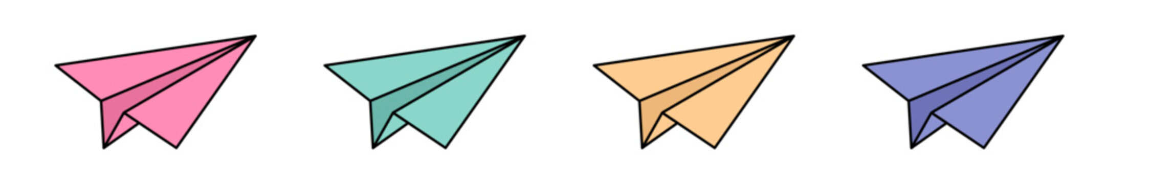 Flying paper airplane set. Vector set of colored paper airplanes. Origami aircraft in flat style. Handmade paper planes collection. Folded origami toys. Vector illustration.