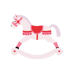 Cute xmas rocking white horse with pink ruffle with hearts. Wooden swinging horse toy. Kids First Toys for newborn babies. Cowboy toy with wheels. Merry Christmas and New Year. Flat vector.