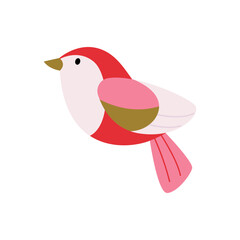 Cute red northern little bird with pink, gold wing. Winter birds of backyard city garden. Stylized wildlife animal sign. Christmas wonderland greeting. Merry Christmas and New Year. Flat vector.