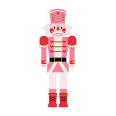 Christmas character Nutcracker in pink costume with red hearts. Winter tale ballet Nutcracker story. Antique traditional figurine doll. Holiday character romantic boy in seasonal clothes. Flat vector.