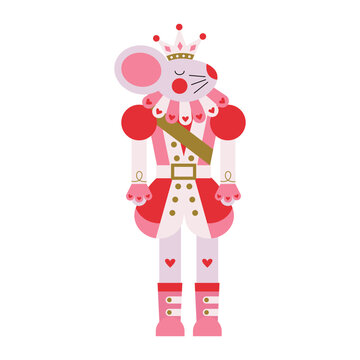 Christmas character mouse king in pink costume with red hearts. Winter tale ballet Nutcracker story. Antique traditional figurine doll. Holiday character romantic in seasonal clothes. Flat vector.