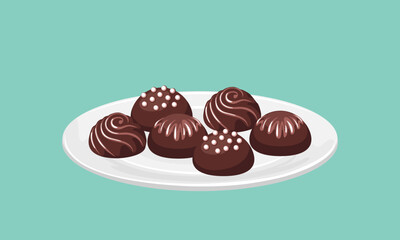 Chocolate candies on a white plate. Vector illustration of sweets in cartoon flat style.